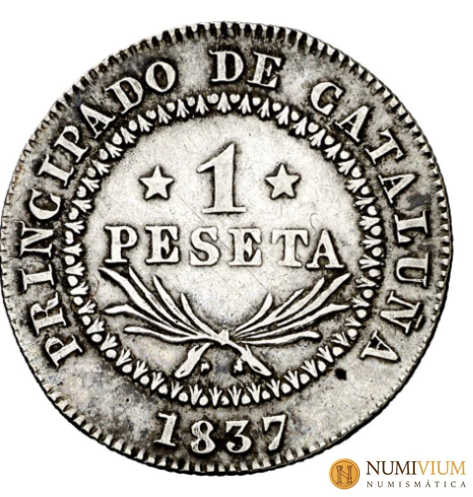 1837. Isabel II. Barcelona. P.S. 1 peseta. MBC+/EBC-. Muy escasa. Atractivo ejemplar. Peseta