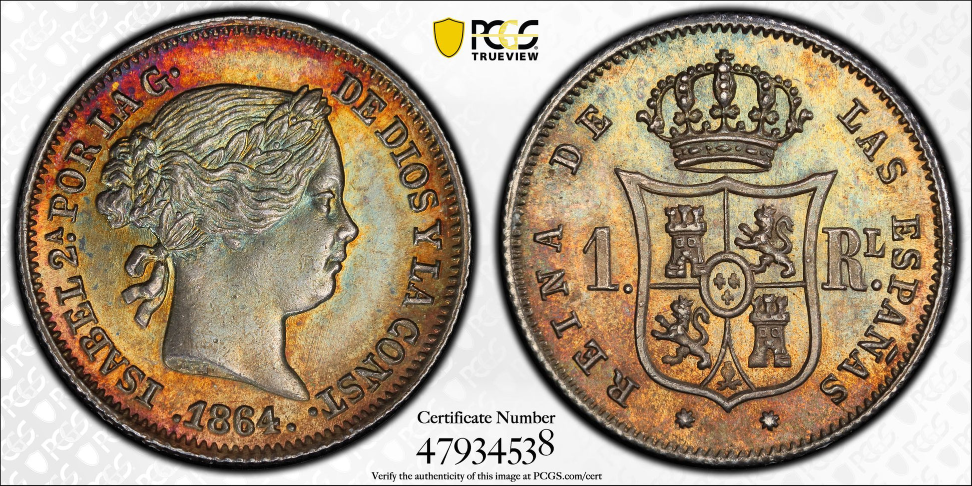 ISabel II. 1 Real de 1864 Sevilla. Encapsulado M64. Sin Circular. Pop Top Preciosa pátina.