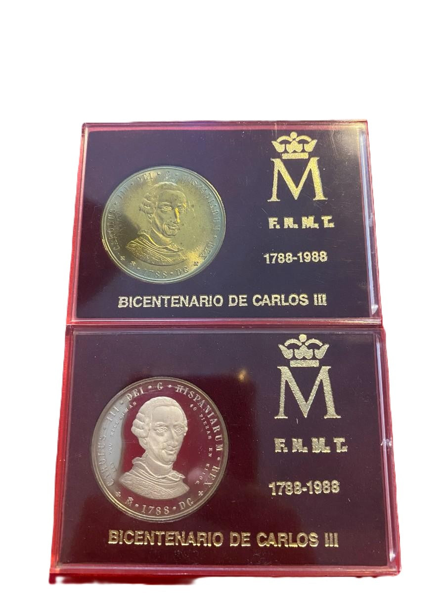 FNMT. SET OF 2 COMMEMORATIVE MEDALS OF THE BICENTENARY OF CHARLES III, MINTED BY THE FNMT. 1988