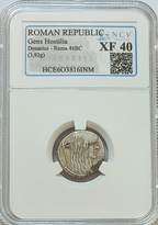 GENS HOSTILIA. Denario. Aprox. 48 a.C. Encapsulada como XF 40. MBC+