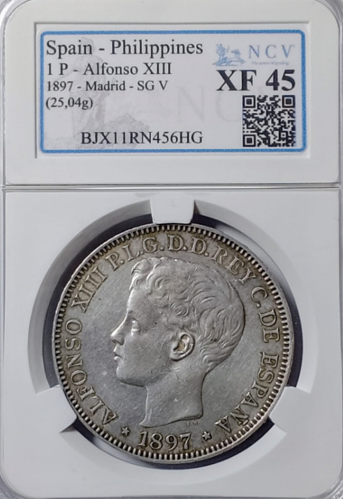 Alfonso XIII (1886-1931). 1 peso. 1897. Manila. SGV. MBC+. Encapsulada XF-45. Bello ejemplar.
