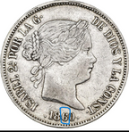 ISABEL II. 20 reales. Sevilla. Sobrefecha 1860/50. MBC-/MBC. Muy escasa.