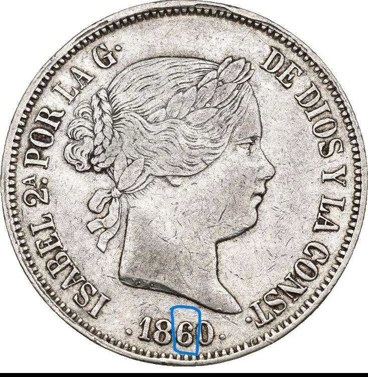 ISABEL II. 20 reales. Sevilla. Sobrefecha 1860/50. MBC-/MBC. Muy escasa.