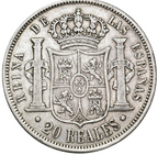 ISABEL II. 20 reales. Sevilla. Sobrefecha 1860/50. MBC-/MBC. Muy escasa.