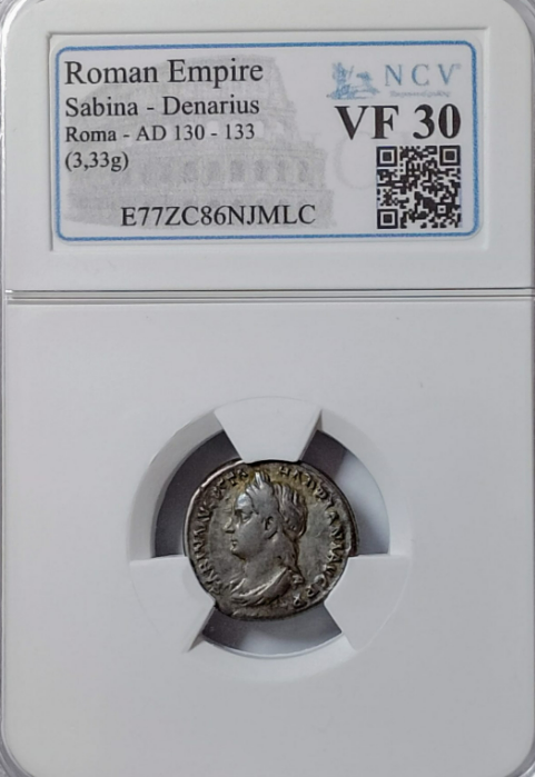 SABINA. Denario. 130-133 d.C. Roma. Pátina. Muy escasa con busto a izquierda. MBC. VF30.