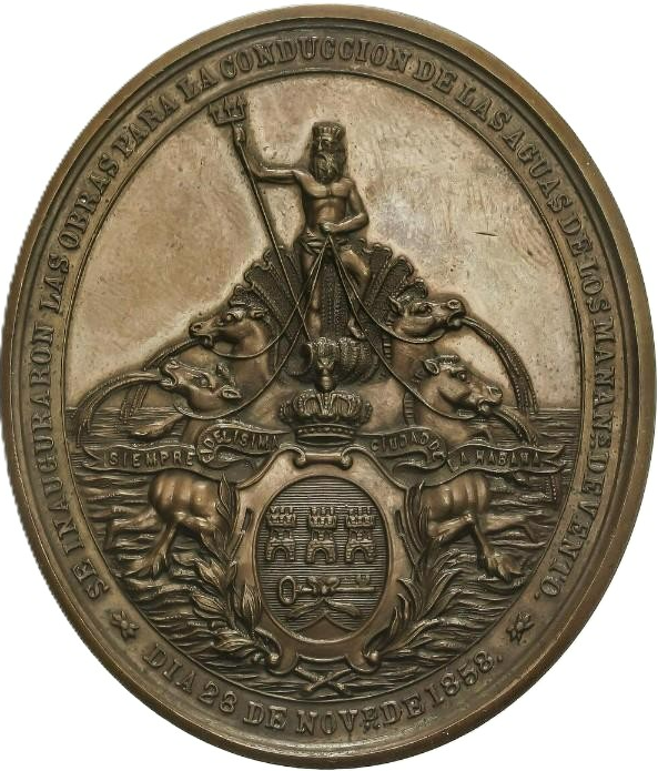 ISABEL II. Medalla. 1858. LA HABANA. CONDUCCIÓN DE AGUAS A LA HABANA.Escasa. Excelente estado. EBC+