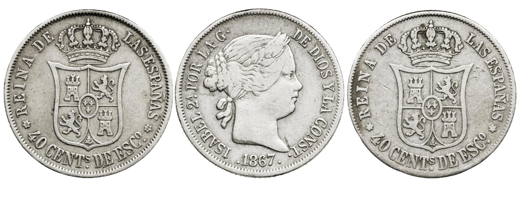 ISABEL II. 40 cts de Escudo. 1866-1867 y 1867. Madrid Lote de 3 monedas. BC+/MBC-