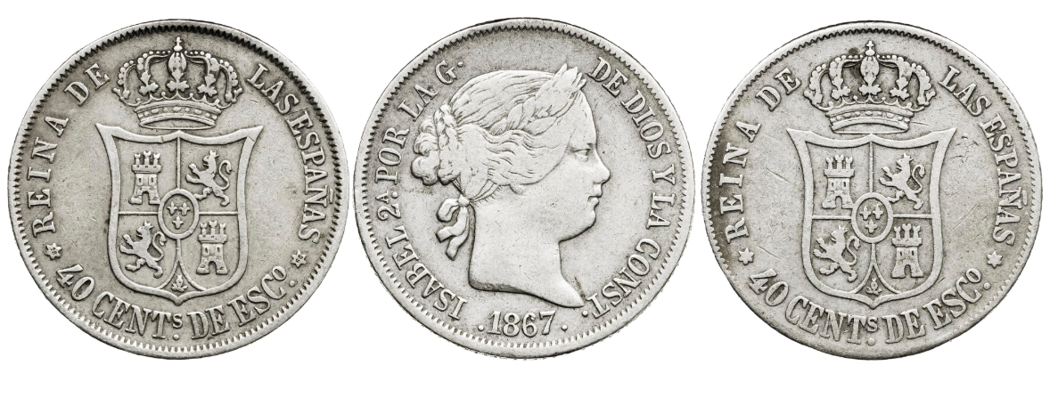 ISABEL II. 40 cts de Escudo. 1866-1867 y 1867. Madrid Lote de 3 monedas. BC+/MBC-