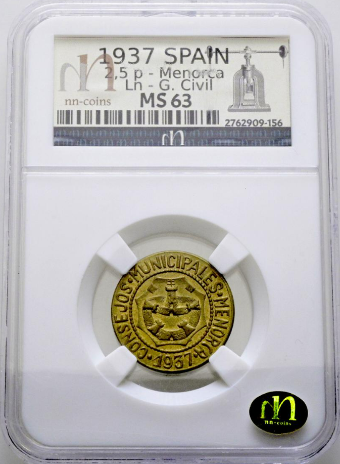 Consejo Municipal de Menorca (Baleares). 2,5 Pesetas. 1937. MS-63