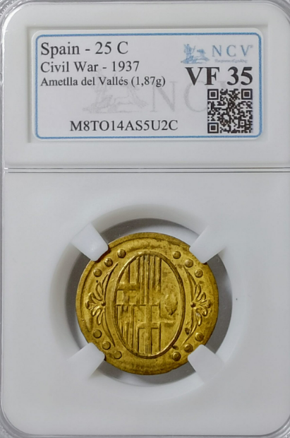 Ayuntamiento de L'Ametlla del Vallés (Barcelona). 25 céntimos. Escasa. Encapsulada. VF35