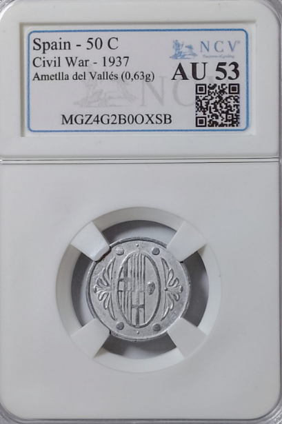 L'Ametlla del Vallés. 50 céntimos sin leyenda. Sin circular. Encapsulada. AU-53