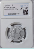 L'Ametlla del Vallés (Barcelona). 1 Peseta. Con leyenda. Muy rara. Encapsulada AU-50