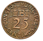 Consejo Municipal de IBI (Alicante). 25 céntimos. Tipo Mapa de España. Rara. MBC+