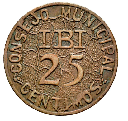 Consejo Municipal de IBI (Alicante). 25 céntimos. Tipo Mapa de España. Rara. MBC+