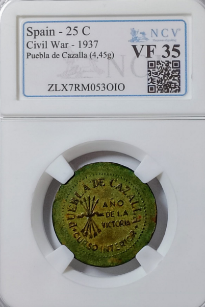 Ayuntamiento de Puebla de Cazalla (Sevilla). Bando Nacional. 25 céntimos. Rara. Encapsulada