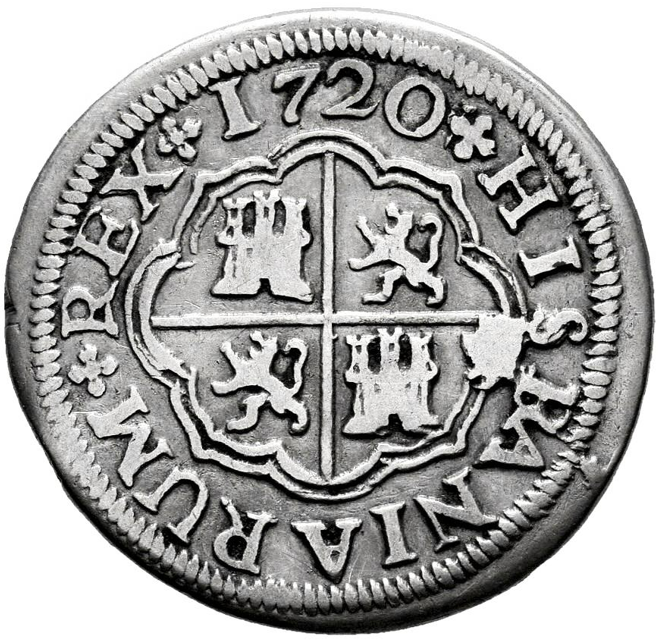 Felipe V (1700-1746). 1 real. 1720. Sevilla. J. Fecha Rarísima. MBC+/MBC