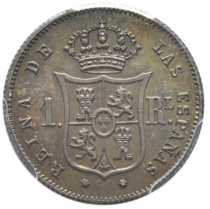 ISabel II. 1 Real de 1864 Sevilla. Encapsulado M64. Sin Circular. Pop Top Preciosa pátina.