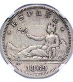 2 Pesetas 1869 (Estrellas 18-68). SNM. Encapsulada como XF45 (EBC)