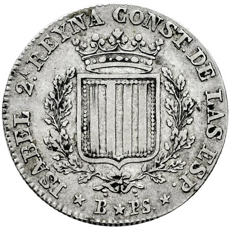 Isabel II (1833-1868). 1 peseta. 1836. Barcelona. PS. Escasa MBC+