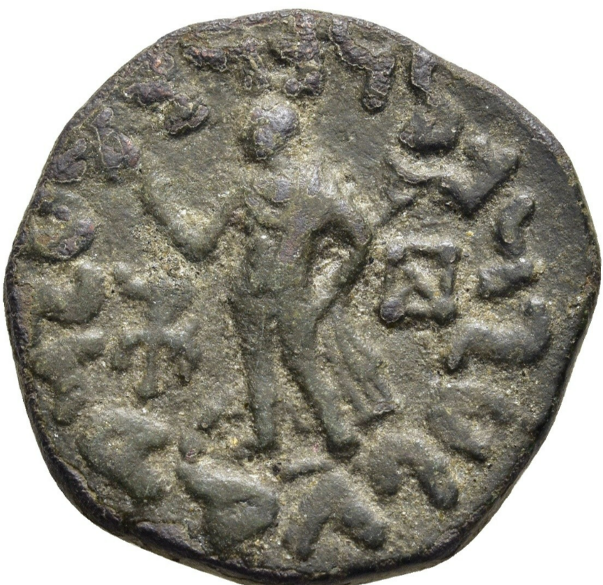 Reyes Indoescitas: AZES  (aprox. 58-12 a.C.). Tetradracma de bronce. Pushkalavati