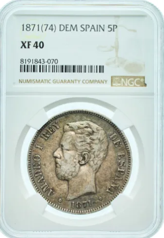 AMADEO DE SABOYA. 5 Pesetas 1874 DEM. VF40