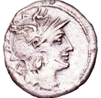 GENS PINARIA. Pinarius Natta. Denario. Ceca de Roma, 149 a.C. BC+. Pátina.