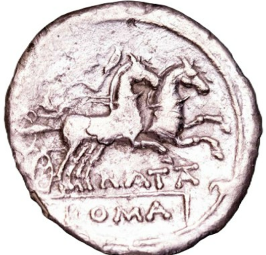 GENS PINARIA. Pinarius Natta. Denario. Ceca de Roma, 149 a.C. BC+. Pátina.