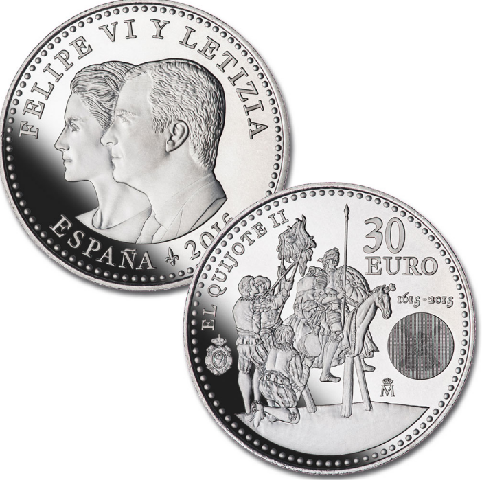 FNMT. 30 €. 2015. IV centenario de la publicación de la «Segunda parte del ingenioso caballero Don Quijote de la Mancha».