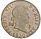 FERNANDO VII. 2 Maravedís. 1830. Segovia. Bella, brillo original. EBC+