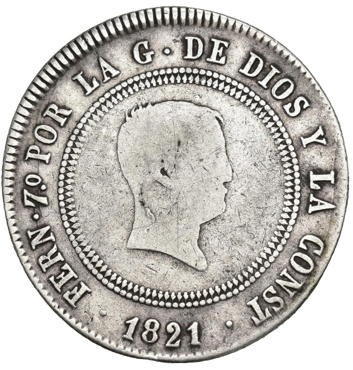 FERNANDO VII. 10 reales. 1821. Santander. LT. BC+/MBC. Muy escasa