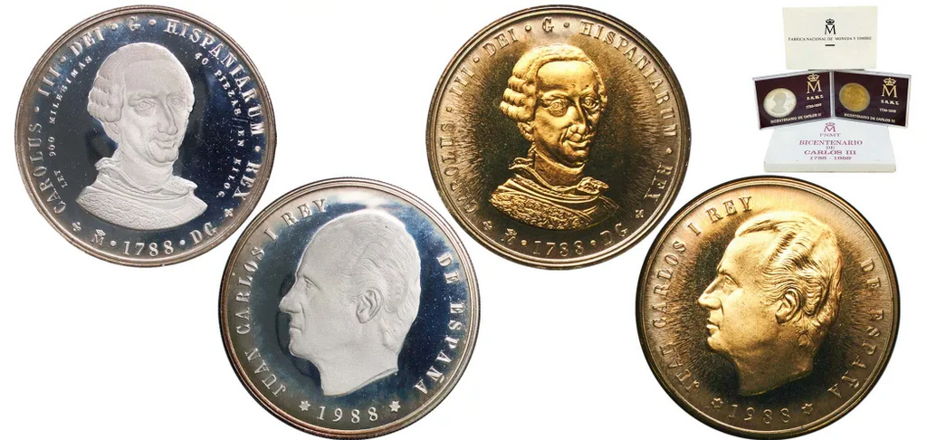 FNMT. SET DE 2 MEDALLAS CONMEMORATIVAS DEL BICENTENARIO DE CARLOS III, ACUÑADAS POR LA F.N.M.T. . 1.988