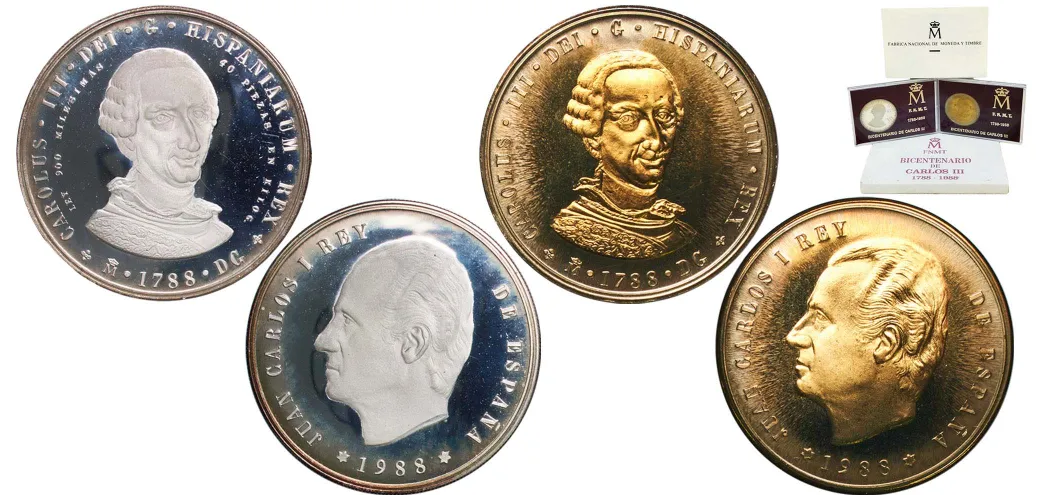 FNMT. SET OF 2 COMMEMORATIVE MEDALS OF THE BICENTENARY OF CHARLES III, MINTED BY THE FNMT. 1988