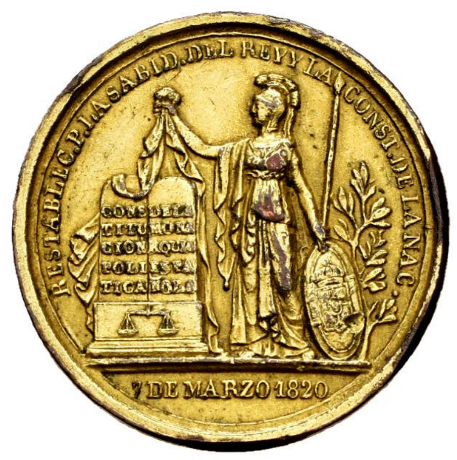 Fernando VII (1808-1833). 1820. Restablecimiento de la Constitución. Rara en este tamaño. MBC+