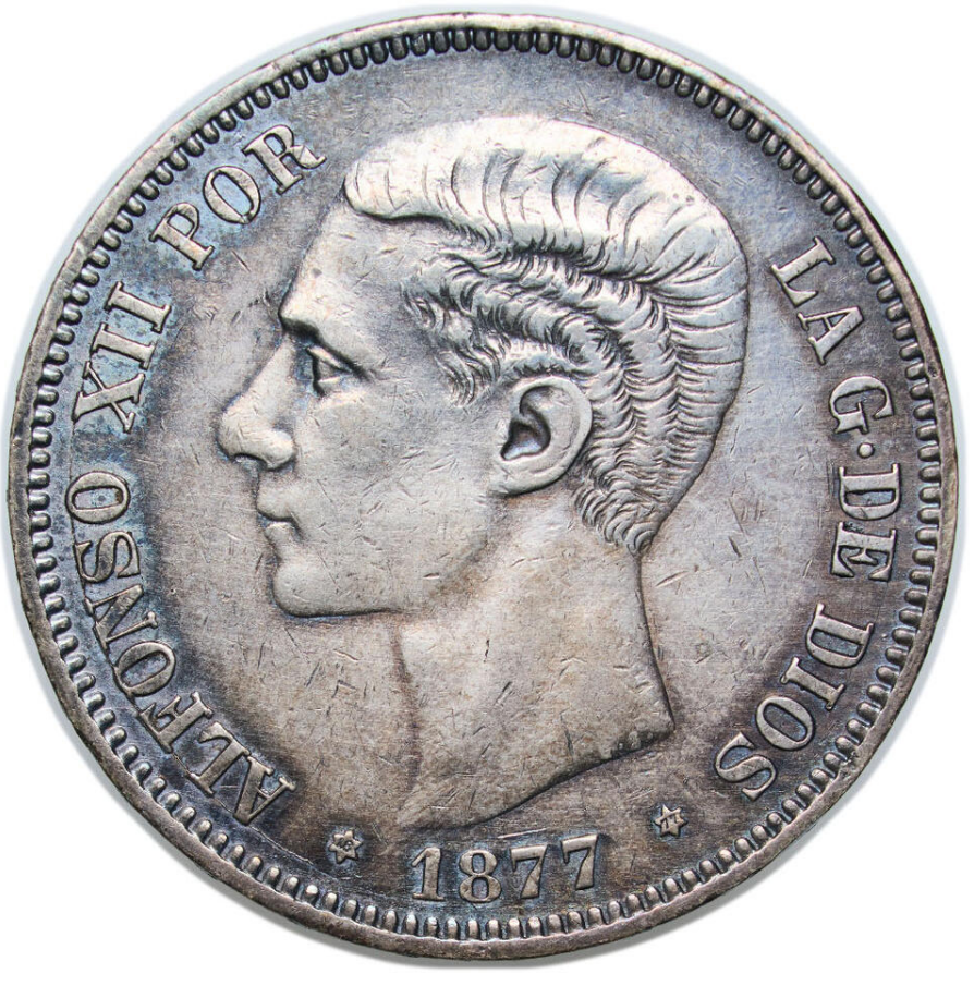 LFONSO XII. 5 PESETAS. DEM. 1877 *18-77. EBC