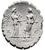 GENS FUFIA. Q. Fufius Calenus y Mucius Cordus, 68 a.C. Denario de plata