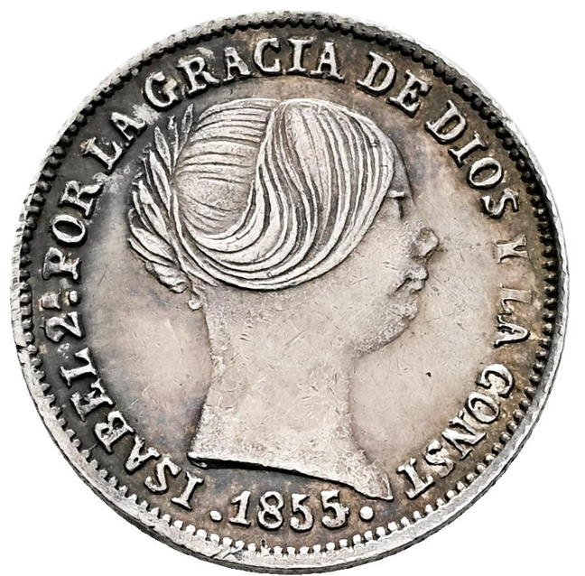 Isabel II (1833-1868). 1 real. Sobrefecha 1855/4. Sevilla. Tono y restos de brillo original. EBC-EBC