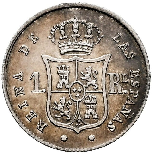Isabel II (1833-1868). 1 real. Sobrefecha 1855/4. Sevilla. Tono y restos de brillo original. EBC-EBC