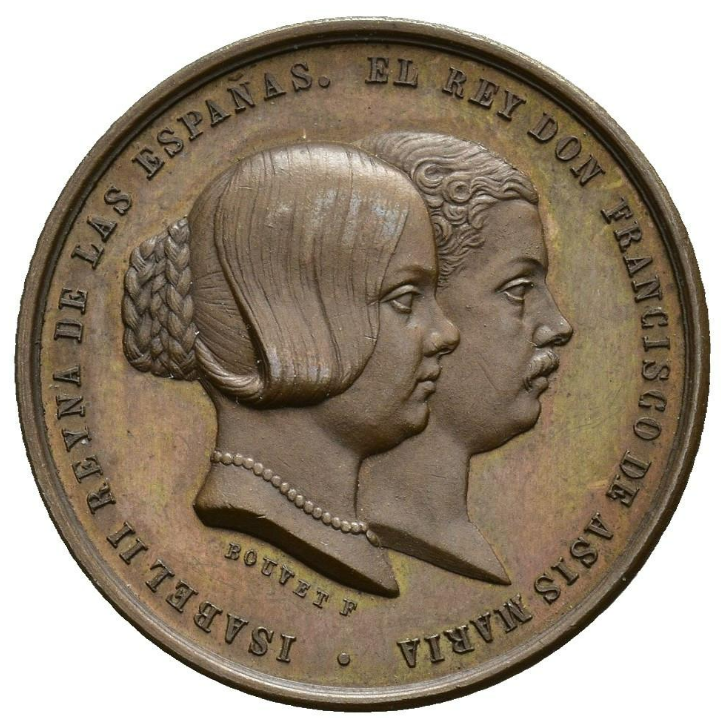 ISABEL II y D. Francisco de Asis. Medalla. 1858. Inauguración de la traída de aguas del Lozoya. Escasa