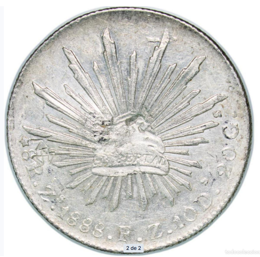 México: 8 Reales de plata de 1888. Zacatecas. Resello.