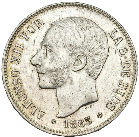 ALFONSO XII. 5 pesetas. Madrid. 1885*18-85.