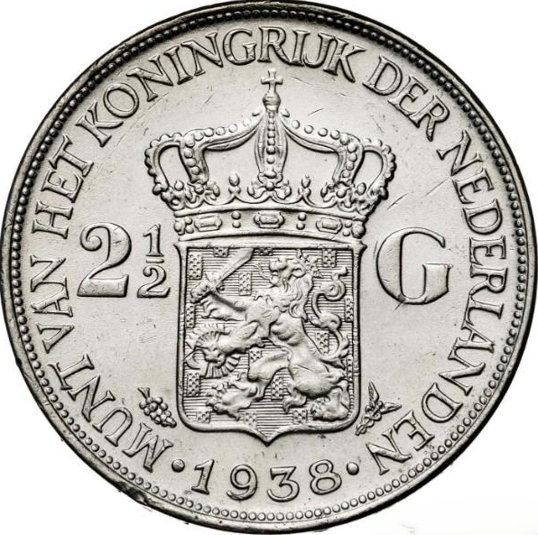 Países Bajos. Guillermina 1938. Moneda de 2 y 1/2 guilden de plata. EBC