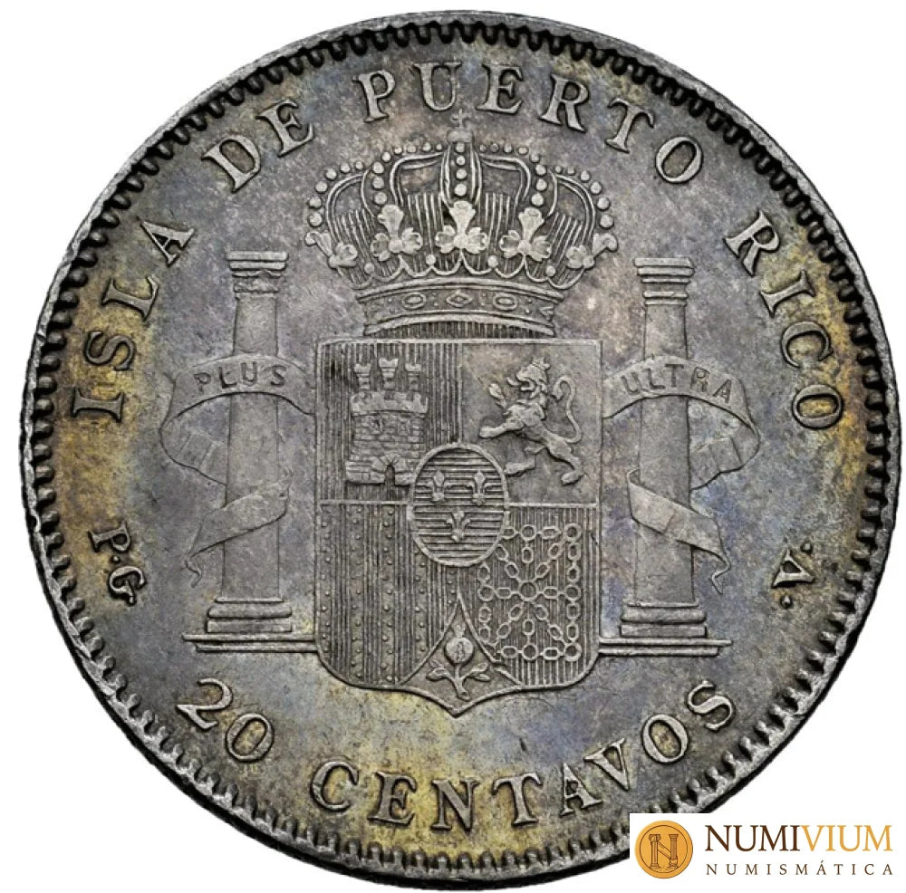 Alfonso XIII (1886-1931). Puerto Rico. 20 centavos. 1895. Escasa así. Encapsulada AU58 (EBC+) Moneda histórica