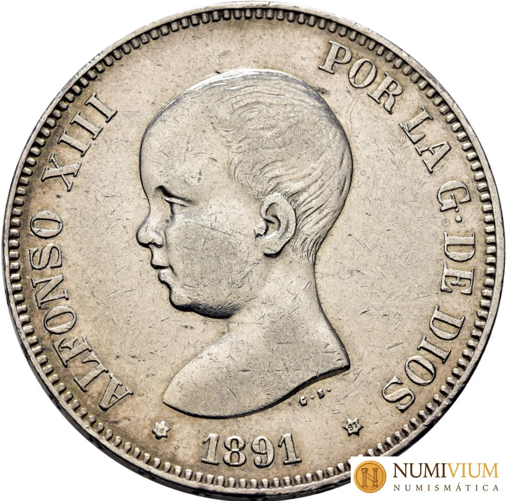 ALFONSO XIII. 5 pesetas. 1891*x8-91. PGM.