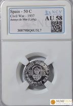 Arenys de Mar. Colección completa. 1 Pta y 50 cts. Raras. Encapsuladas. AU Emisiones Locales