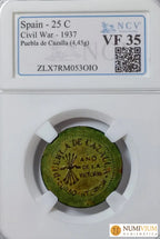 Ayuntamiento de Puebla de Cazalla (Sevilla). Bando Nacional. 25 céntimos. Rara. Encapsulada Emisiones Locales