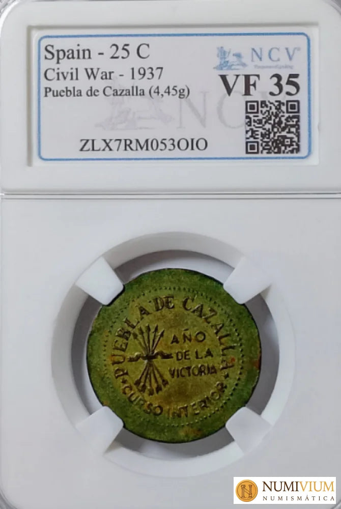 Ayuntamiento de Puebla de Cazalla (Sevilla). Bando Nacional. 25 céntimos. Rara. Encapsulada Emisiones Locales