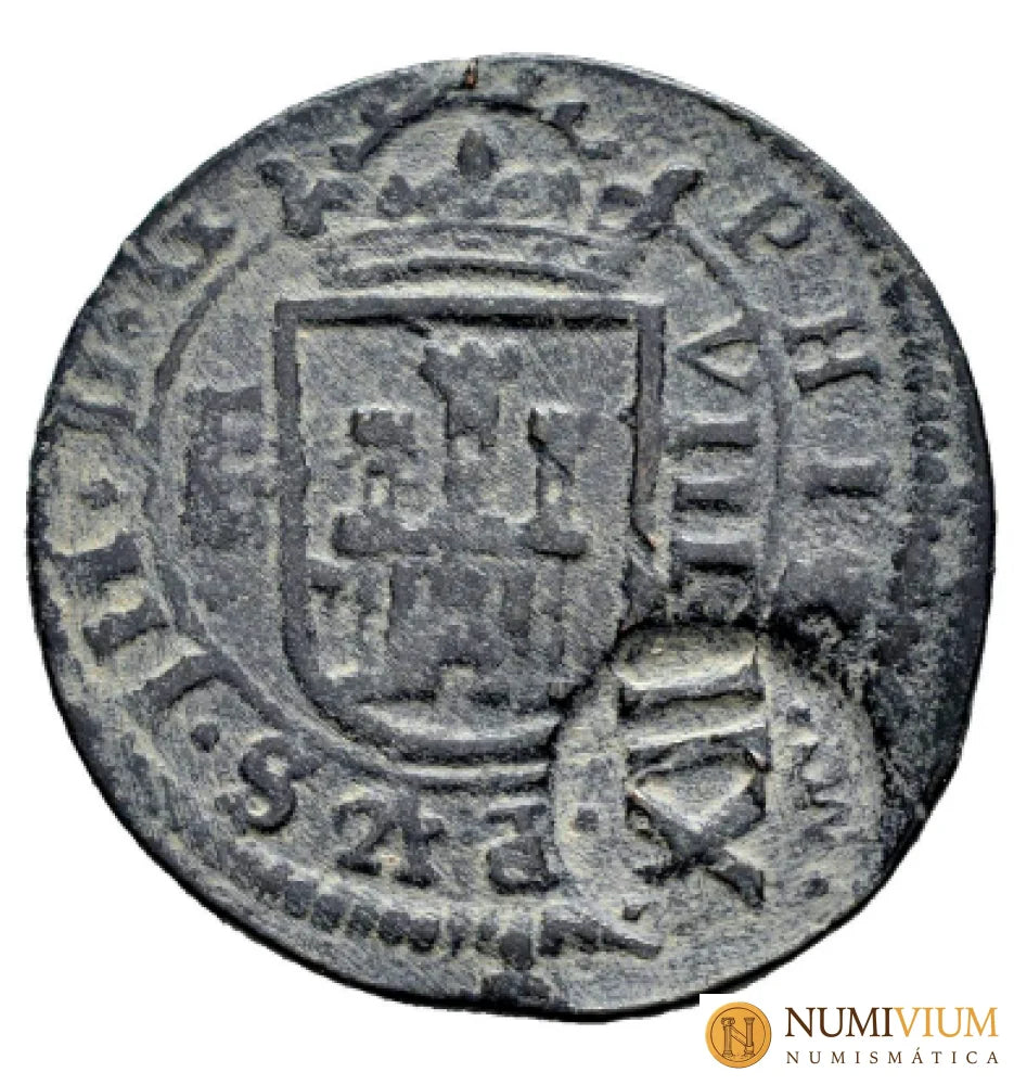Felipe IV (1285-1314). 12 maravedís. 1642. Madrid. Resellada sobre 8 maravedís de Segovia 1618