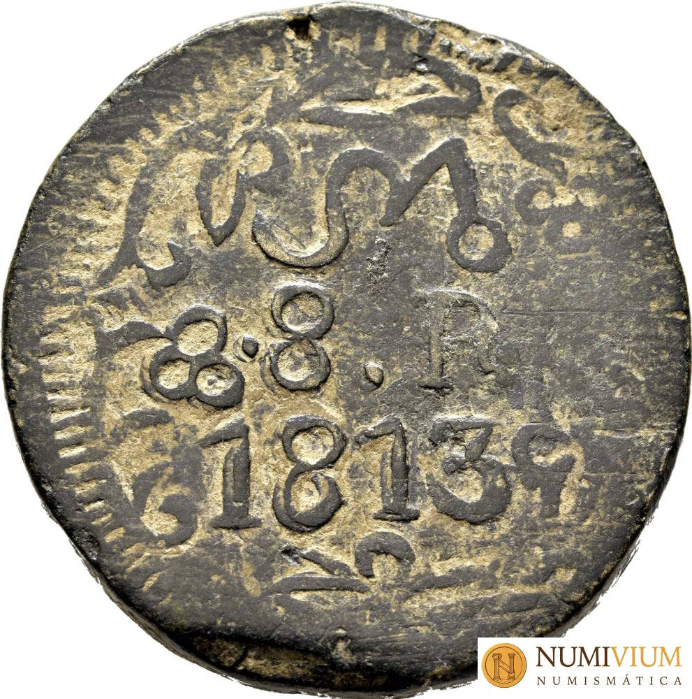 FERNANDO VII. 8 reales Morelos. 1813. Cobre. Variante con adornos.