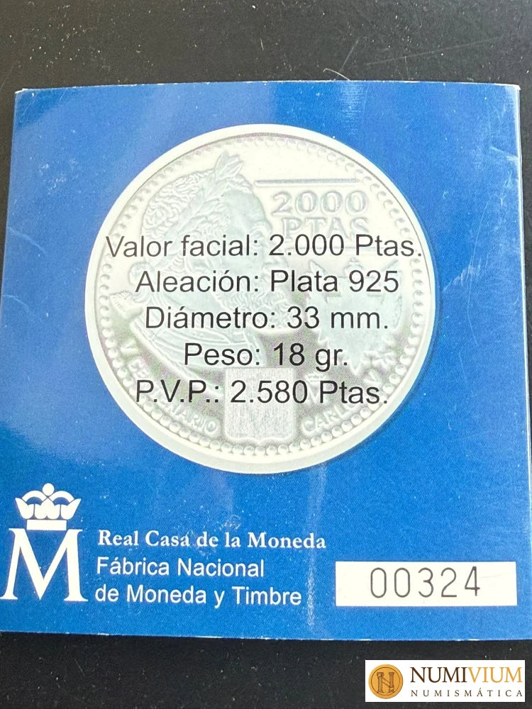 FNMT. 2000. V Centenario de Carlos V. 2.000 pesetas en plata. Carterita original
