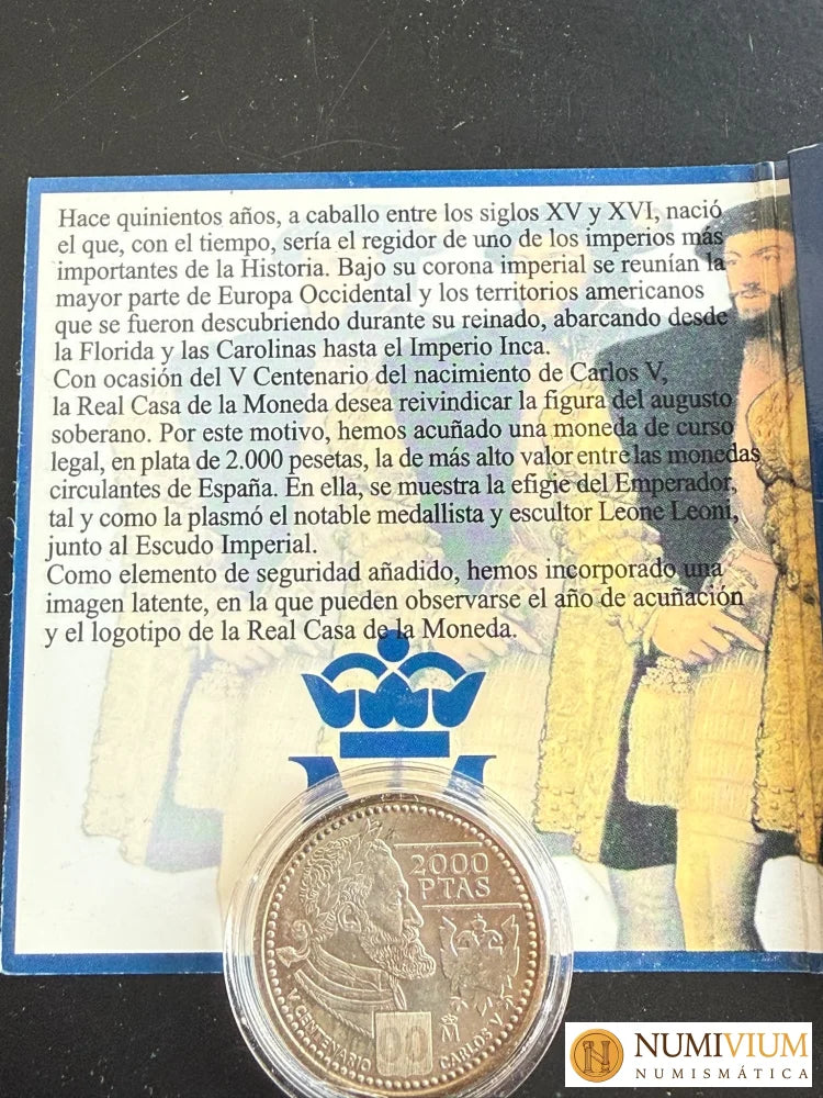 FNMT. 2000. V Centenario de Carlos V. 2.000 pesetas en plata. Carterita original